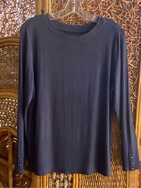LOFT Charcoal Long Sleeve Crewneck Sweater with Button Cuff Detail